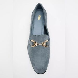 Zara Women’s Zara Chain Trim Leather Loafers Slate Blue with Gold Chain size 39